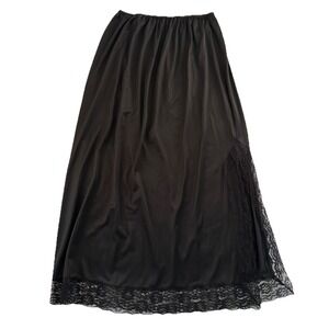Vintage Black Lace Slit Slip Lingerie Silky Satin Skirt Undergarment